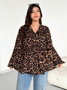 SHEIN Essnce 大码女装秋冬时尚休闲宽松舒适日常豹纹长袖衬衫配领结 - 棕色 - 查看 6