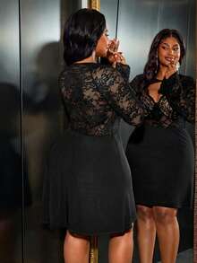Truni Plus Size Women's Black Lace Sheer Deep V-Neck Long Sleeve Dress,Elegant Formal Autumn Evening Night Out Club,Work Office Party Curve See Through - Black - View 2