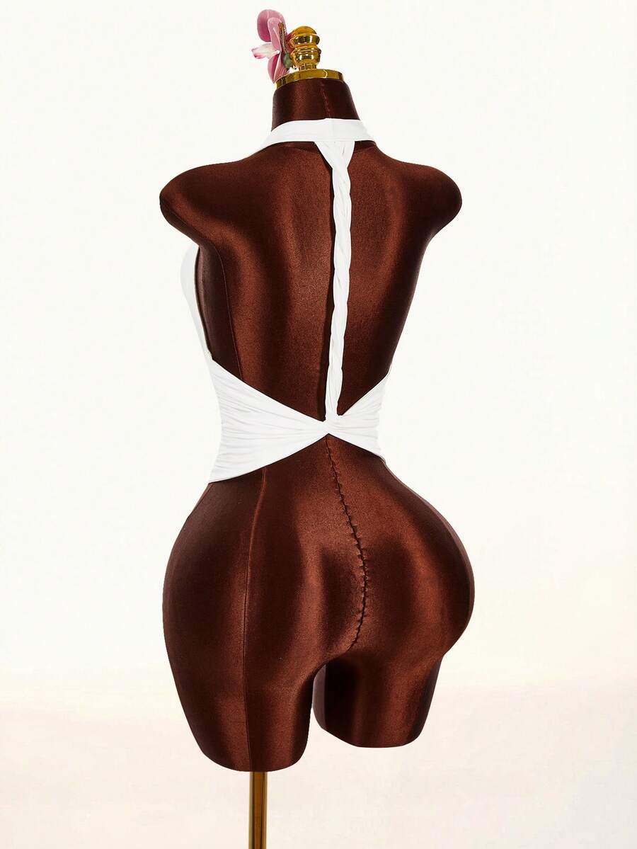 Amplova Women's Plunging Neck Top With Backside Rope Wrap Detail And Ruched Front, Fashionable And Sexy - White - View 1