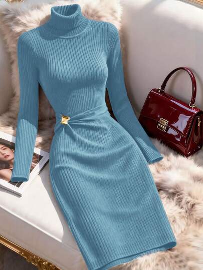 Franclia Elegant Turtleneck Long Sleeve Knit Dress, Autumn/Winter