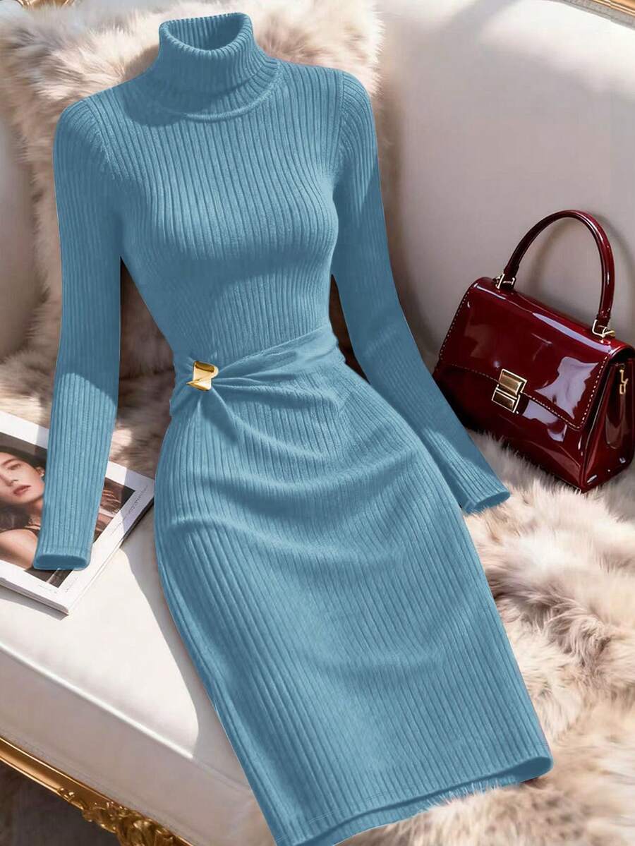 Franclia Elegant Turtleneck Long Sleeve Knit Dress, Autumn/Winter - Blue - View 1
