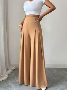 SHEIN Elenzya Quần nữ xếp ly dáng rộng, cạp cao, ống rộng, thoải mái, đa năng, phù hợp cho mọi mùa. - Màu Khaki - Xem 6