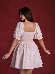 Viva Relle 大码女式粉色方领缎面拼接蝴蝶结装饰短袖迷你连衣裙，适合机场出行、旅行、生日派对、正式场合、晚宴、婚礼宾客等场合，浪漫连衣裙，夏季女装，粉色连衣裙 - 粉色 - 查看 2