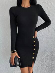 RueChic Button Detail Split Hem Bodycon Dress - Black - View 3