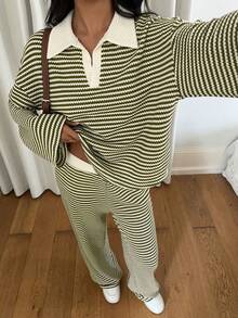 Siren Gaze 女士两件套宽松条纹V领落肩长袖T恤和松紧腰条纹裤，冬季毛衣套装，秋冬季 - 彩色 - 查看 4