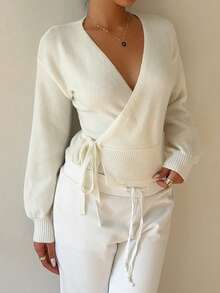 Flirla 休闲百搭纯色系带开衫 - 白色 - 查看 7