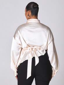 MUSERA Plus Size Satin Wraparound Long Sleeve Shirt Cute Spring Sexy Night Out Evening Party - Apricot - View 4