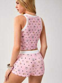 TOM & JERRY X SHEIN 女士休闲日常通勤可爱卡通爱心印花修身露脐圆领背心短裤套装，夏季 - 粉色 - 查看 2