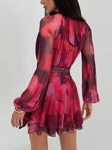 Aloruh 女士秋冬新款长袖修身A字伞裙，适合年轻休闲/约会/外出/教师穿着，浪漫紫色扎染网纱印花立领系腰连衣裙 - 酒紅色 - 查看 2