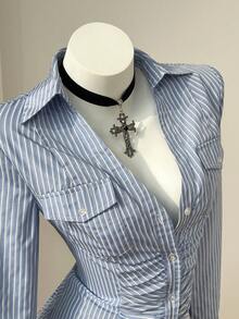 Elamini Spring Sexy Slim Fit Lapel Single-Breasted Striped Casual Blouse For Women - Blue - View 4