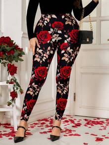 Reflora Quần legging dệt kim co giãn in họa tiết hoa hồng dành cho nữ cỡ lớn, thanh lịch và đa năng, phù hợp cho mọi mùa, tiệc năm mới, đêm giao thừa, ngày lễ tình nhân, sinh nhật, kỳ nghỉ xuân. - Nhiều màu - Xem 5