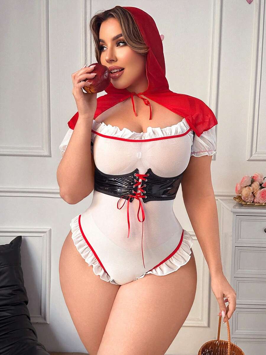 Fantasy Costume 大码女士荷叶边露肩泰迪熊连体睡衣，配腰带和披肩 - 紅白色 - 查看 1