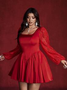 Viva Relle Plus Size Elegant Contrast Lace Square Collar Waist Cinched Dress, Autumn