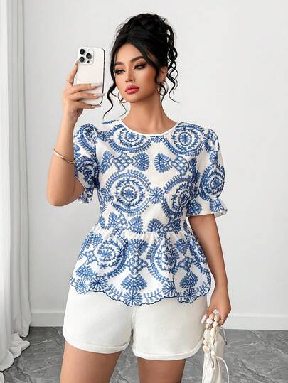 SHEIN Elenzya 大码优雅刺绣设计衬衫，夏季