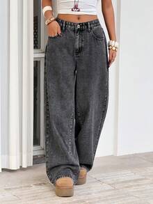 SHEIN PETITE 休闲水洗复古低腰直筒牛仔裤 - 深灰色 - 查看 6