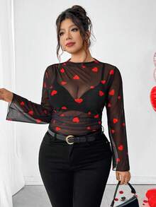 Elenzga Plus Size Women Vintage Elegant Fitted Pleated Ombre Printed Mesh Stretch Long Sleeve Base Layer T-Shirt Blouse Top, Ladies Spring Autumn Clothing