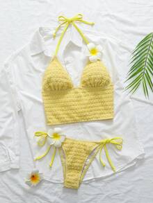 Swim Mod Women's Textured 2 Pieces Bikini Set, Casual Holiday Style, Christmas Outfits, New Year Outfits, Music Festivals, Parties - Yellow - View 4