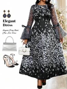 Fleurora Plus Size Elegant Black Leopard Print Round Neck A Line Dress,Flare Sleeve Waist Cinched Autumn Formal Traditional Evening Wedding Guest Midi Dress - Black and White - View 2