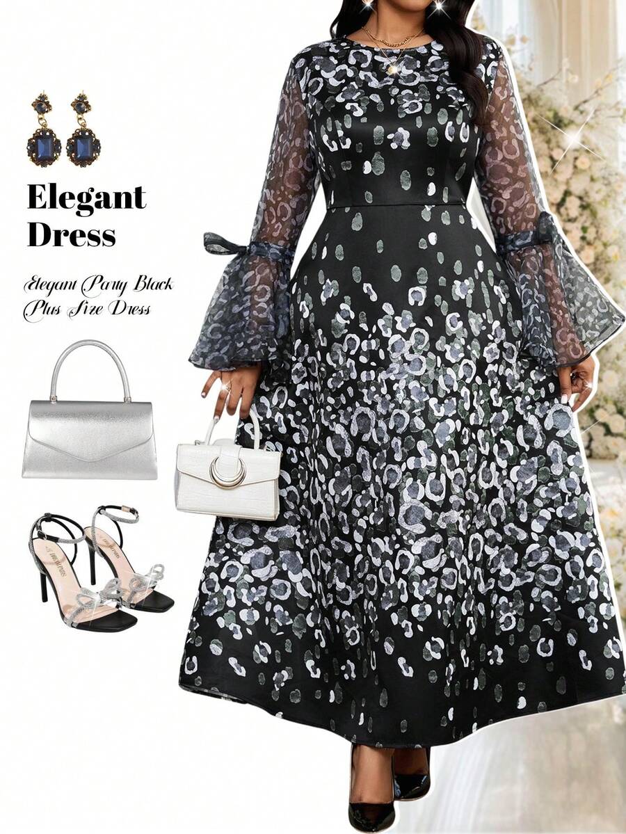 Fleurora Plus Size Elegant Black Leopard Print Round Neck A Line Dress,Flare Sleeve Waist Cinched Autumn Formal Traditional Evening Wedding Guest Midi Dress