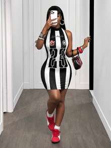 BamGleam Đầm ôm sát gợi cảm, thoải mái, chất liệu lụa sữa co giãn, họa tiết chữ và số sọc đen trắng, lưng chéo, hở vai, dành cho nữ. - Đen và trắng - Xem 7