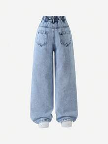 Elladie kids 少女Y2K风格宽松直筒牛仔裤，复古中蓝色牛仔布，面料柔软舒适，适合上学、通勤、日常穿着，时尚百搭，春夏秋冬皆宜。 - 淺色水洗藍 - 查看 2