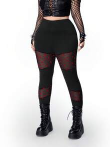 Whyspr Valentines Casual Punk Valentine's Day Heart Mesh Sheer Patchwork Elastic Fitted Plus Size Leggings - Black - View 9