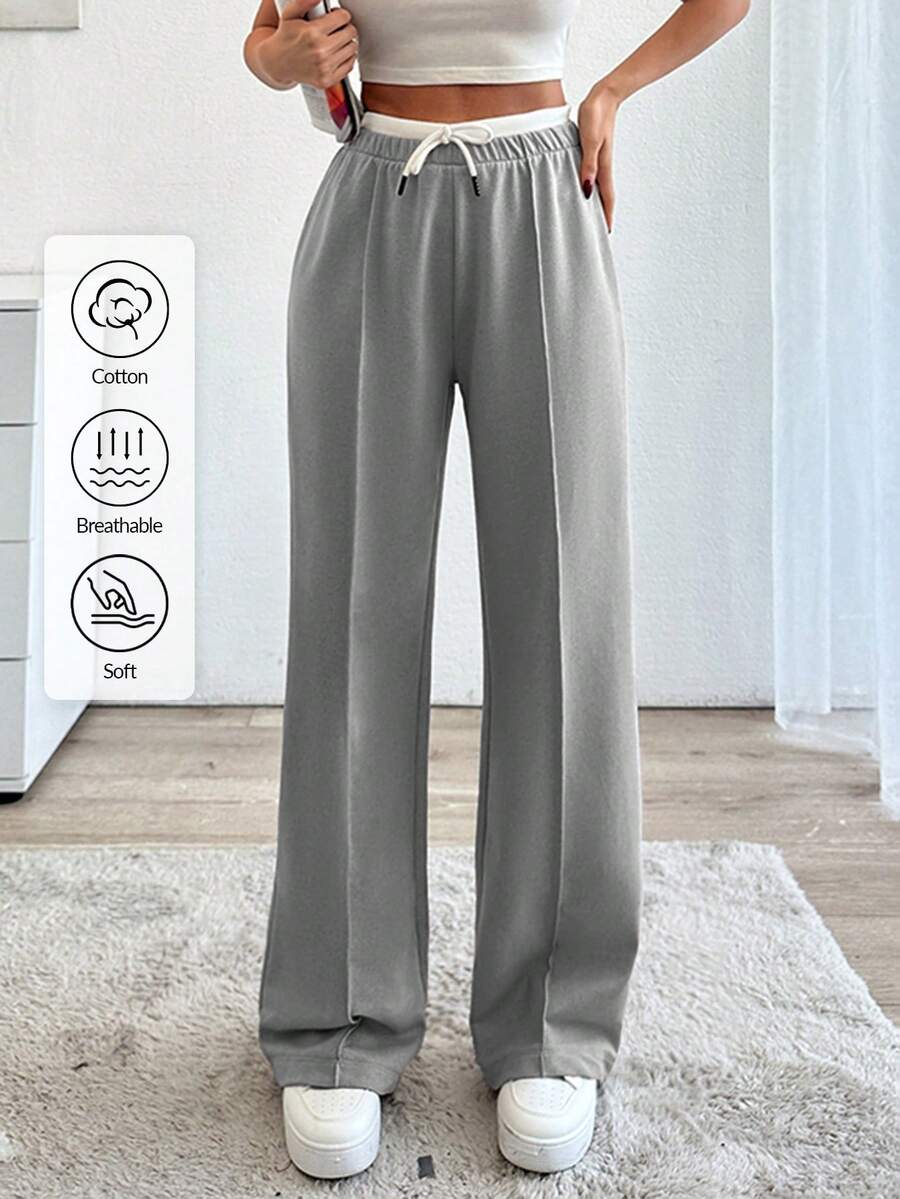 EURMUSE Pantalones anchos casuales con cintura de cordón de algodón - Gris - Ver 1