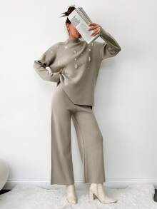 EURMUSE Knitted Rhinestone Studded Drop Shoulder Sweater And Knit Pants Set - Camel - View 3