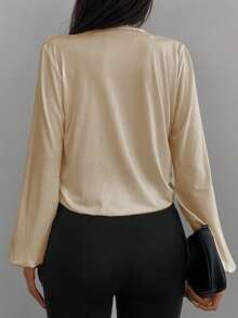 EURMUSE Cotton Solid Surplice Neck Lantern Sleeve Blouse - Apricot - View 2