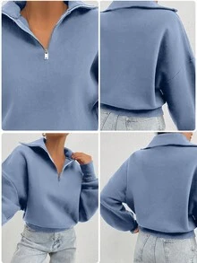 EURMUSE Sudadera oversize de 100% algodón con cuello con cremallera y estampado - Celeste - Ver 7