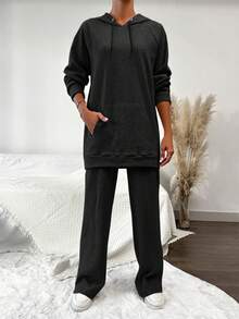 EURMUSE 98%Cotton Women's Solid Color Hooded Drawstring Top And Long Pants Set - Black - View 3