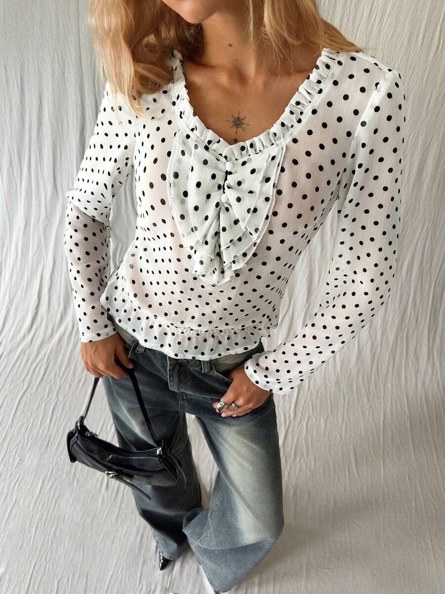 TRNVIE Women's Elegant Polka Dot Blouse, Suitable For Outdoor Wear - White - View 1