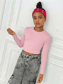SHEIN Tween Girls' Casual Sports Pink Knit Crew Neck Backless Long Sleeve T-Shirt - Pink - View 4