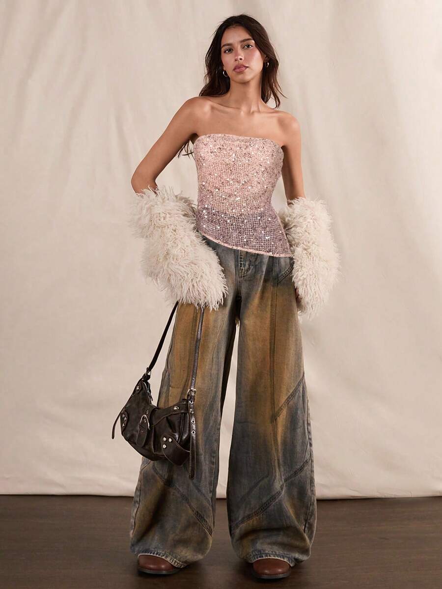 Easelle 粉色亮片时尚抹胸上衣 - 粉色 - 查看 1