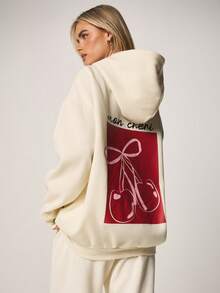 MISSGUIDED Mon Cheri 樱桃印花套头连帽衫，长袖，抽绳中央口袋，休闲卫衣，秋冬舒适宽松款上衣 - 淡黃色 - 查看 1