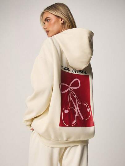 MISSGUIDED Mon Cheri Cherry Print Pullover Hoodie Long Sleeve Drawstring Centre Pocket Casual Sweatshirt Fall Winter Cozy Oversized Top