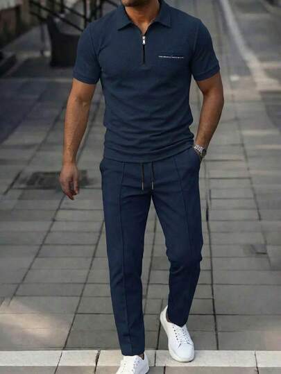 Manfinity Homme 男士短袖拉链 Polo 衫和长裤休闲通勤套装，蓝色两件套，男士休闲两件套，蓝色男士夏季运动套装，男士经典款，日常休闲，周末旅行，户外活动，探险旅行，轻松的工作环境或半正式场合，男友/丈夫礼物，周年纪念/生日礼物，派对，夏季假期，婚礼，春夏，狂欢节，男士休闲短袖 Polo 衫，拉链领商务高尔夫上衣