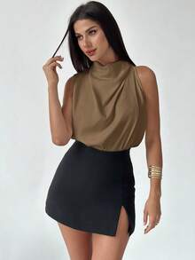 Firerie 女士优雅时尚新款通勤办公日常度假音乐节不对称褶皱杏色衬衫，春夏款 - 咖啡棕 - 查看 5