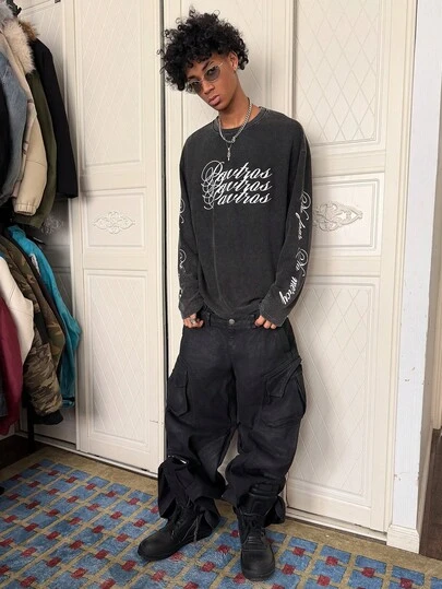 PAVTROS 男士复古纯棉T恤，年轻街头风，时尚潮流，ins风圆领长袖T恤，修身针织长袖T恤，做旧雪花图案，华夫格纹理面料，独特风格，趣味复古手写图案设计，休闲、街头风、派对、返校季、时尚、节日礼物、男友礼物