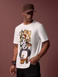 Kung Fu Panda X SHEIN Men's Casual Everyday Commute Cartoon Print White Short Sleeve T-Shirt, Summer - White - View 3