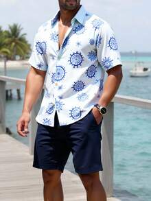 Manfinity Swimmode Bộ áo sơ mi ngắn tay và quần short in họa tiết toàn thân dành cho nam, thích hợp cho kỳ nghỉ hè ở bãi biển. - Màu xanh hải quân - Xem 4