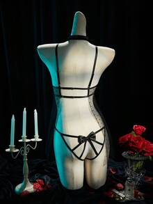 SpicyHot 情人节蝴蝶结拼接性感睡衣三件套 - 黑色 - 查看 2