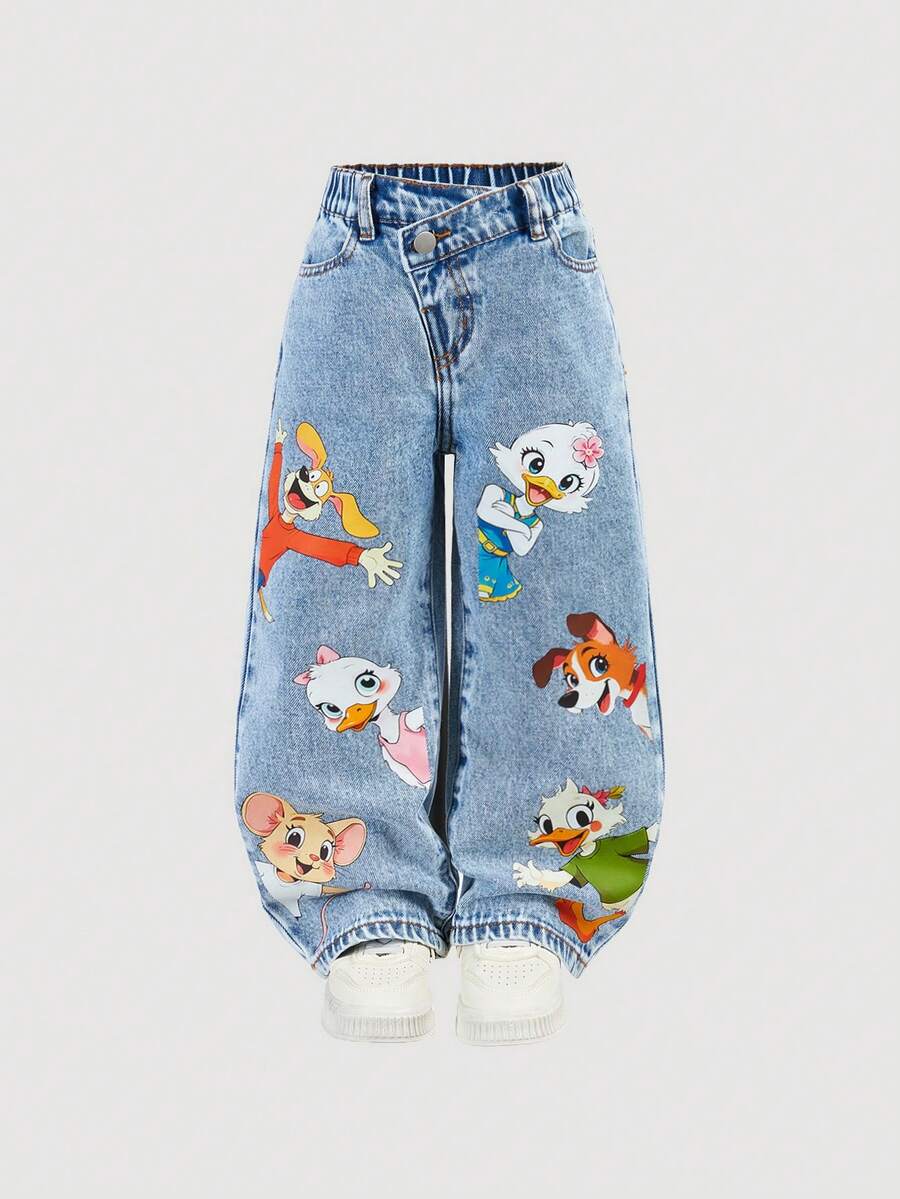 SHEIN Y2K Style Light Blue Denim Casual Animal Print Pattern Loose Fit Straight Leg Jeans, Versatile For Daily Wear, Parties, Back To School - Light Wash - View 1