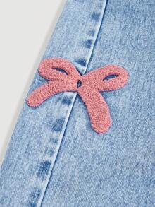 Tween Girls 8Y-12Y Y2K Side Flocked Bow Flare Jeans, Cute And Playful Pink Design, Elastic Waist, Soft Denim Fabric, Suitable For City Walk, Fashion Photoshoot, Daily Outings, Amusement Park, Gatherings, New 2026 Collection - Light Wash - View 4