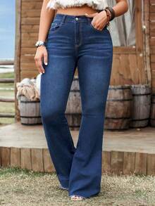 SHEIN Plus Size Women's Casual Stretch Pocket Flare Jeans - Dark Wash - View 6