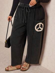 Elaquor 大码休闲日常拼接细节抽绳腰裤 - 黑色 - 查看 5