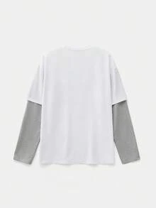 SWAVVY 男士休闲撞色拼接印花T恤，秋季款 - 白色 - 查看 4