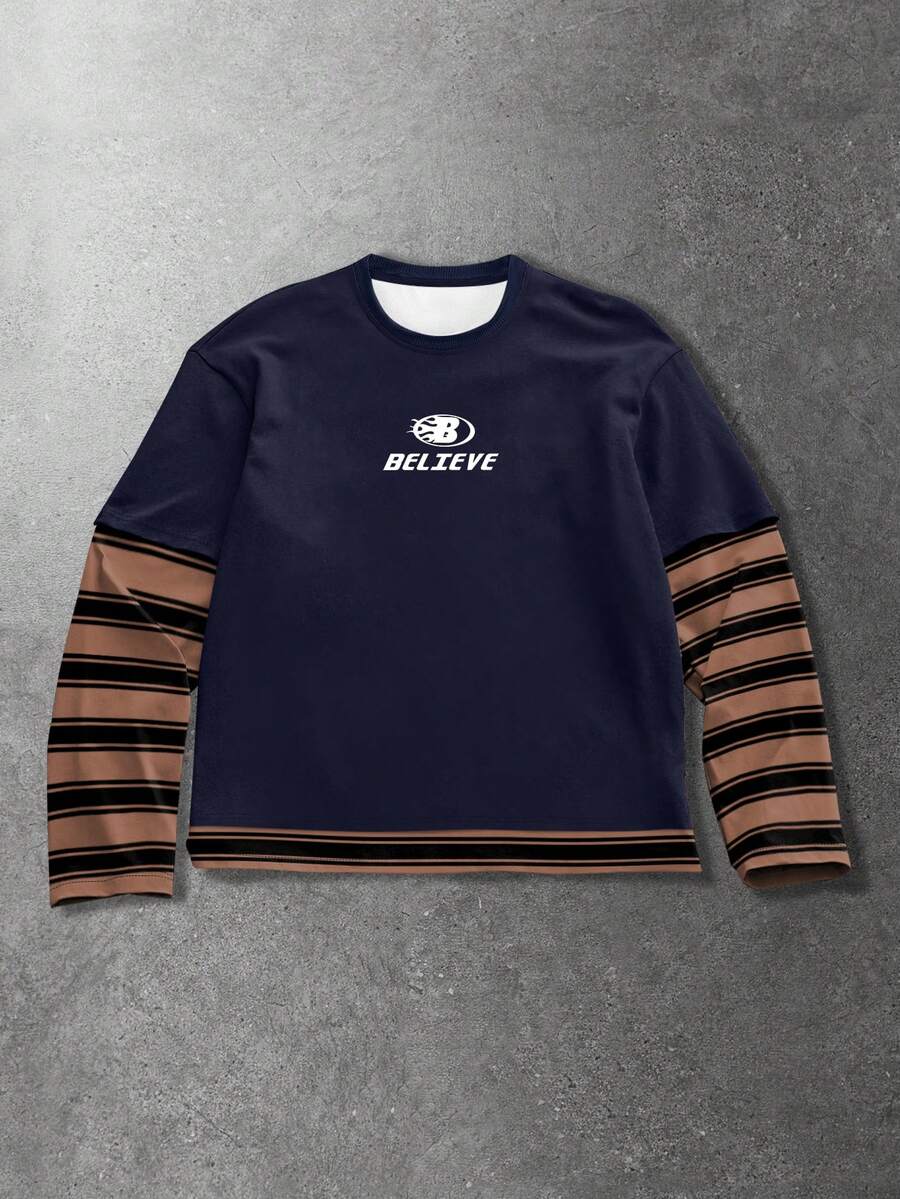 ROMWE MEN Street Life Men's Casual Crew Neck Long Sleeve T-Shirt - Multicolor - View 1