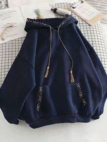 INAWLY 女士几何印花拼接长袖休闲抽绳连帽卫衣