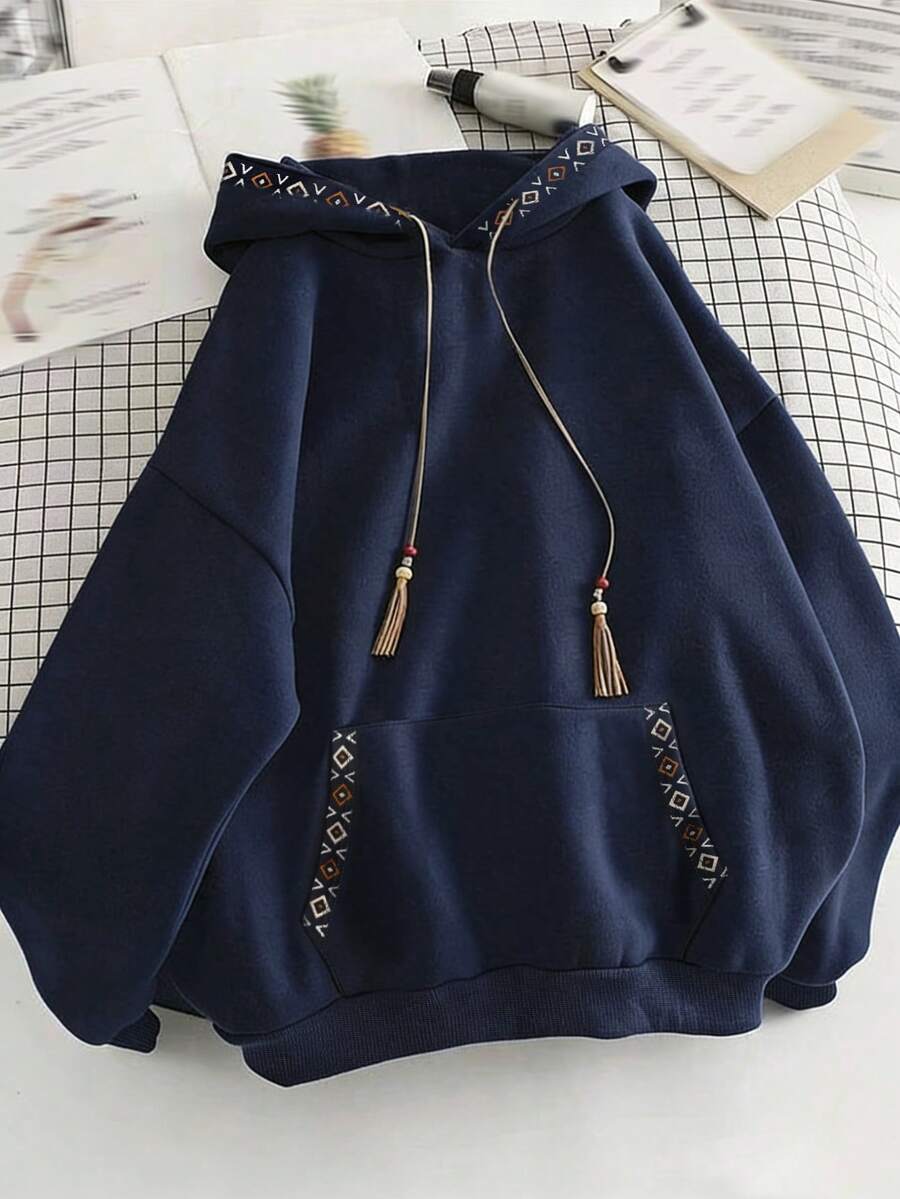 INAWLY 女士几何印花拼接长袖休闲抽绳连帽卫衣